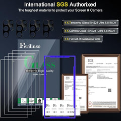 Ferilinso 4 Pack Screen Protector for Samsung Galaxy S24 Ultra with 4 Pack Tempered Glass Camera Lens Protector Phone Case Friendly Accessories Protector de Pantalla for Samsung S24 Ultra 6.8 INCH