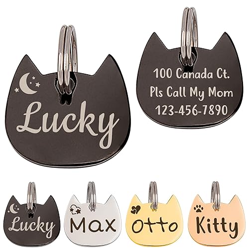 Anavia Cat Head & Fish Shape Pet ID Tags, Personalized Funny Icon Design Cat Name Tag, Customized Gold Plated Glossy Stainless Steel Black Rainbow Cat Dog Collar Tag (Small, Cat Head Shape, Black)