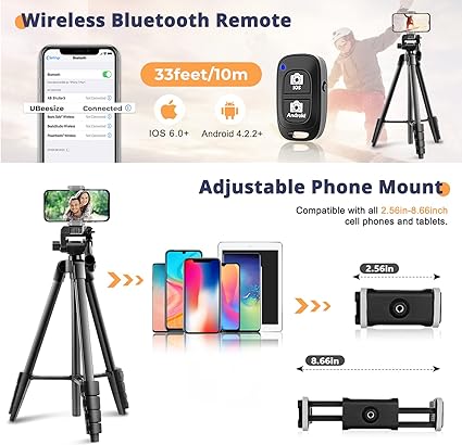 64” Phone&Tablet Tripod, Aureday Cell Phone Tripod for iPhone with Wireless Remote and Phone Holder, Extendable iPad Tripod Stand for Video Recording/Makeup/Live Streaming