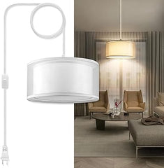 Plug in Pendant Light, 15FT White Cord Hanging Lights with Plug in Cord, Hanging Light with On/Off Switch, Double Linen Shade Fabric Design, Pendant Llight Fixture for Bedroom Living Room Restaurant