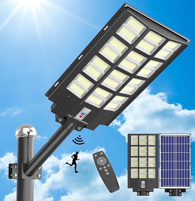 TENKOO Solar Street Lights Outdoor - 2400W Solar Parking Lot Lights, 215000 Lumens LED Wide Angle Lamp with Motion Sensor IP67 Waterproof Commercial Lighting