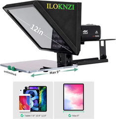 ILOKNZI i2/12inch/Black, Liftable Teleprompter with Remote Control and app Metal for 12.9" Tablets with Adjustable Tempered Optical Glass Supports Webcam Wide Angle Camera Lens Studio Make Videos