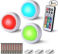 EverBrite Tap Light, Push Light, LED Puck Lights with 12 RGB Colors, Wireless Touch Light Under Cabinet, 80 Lumens Night Light for Closet, Bedroom, Wall, Classroom, 9 AAA Batteries Included, 3-Pack