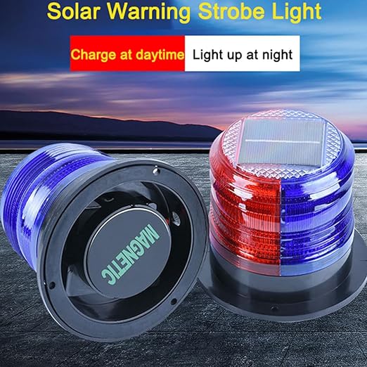 Aolyty Solar Strobe Warning Light with Strong Magnetic Base LED Warning Lamp Super Bright Solar Safety Flashing Light Waterproof for Construction, Traffic, Factory, Crane Tower, Dock (Red&Blue)