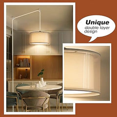 Plug in Pendant Light, 15FT White Cord Hanging Lights with Plug in Cord, Hanging Light with On/Off Switch, Double Linen Shade Fabric Design, Pendant Llight Fixture for Bedroom Living Room Restaurant