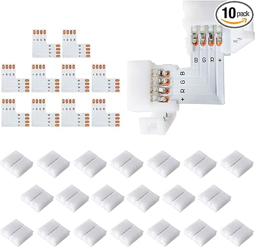 JACKYLED L Shape 4-Pin LED Connectors 10-Pack with 22Pcs Clips 10mm for Strip Lights