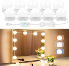 LED Vanity Lights for Mirror, Vanity Lights Stick on with 10 Dimmable Bulbs, 3000K 4000K 6500K & 10 Level Brightness Adjustable, USB Cable, Hollywood Mirror Lights for Makeup Dressing Room Bathroom