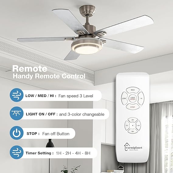 warmiplanet Ceiling Fan with Lights Remote Control, 52 Inch, Brushed Nickel (5-Blades)