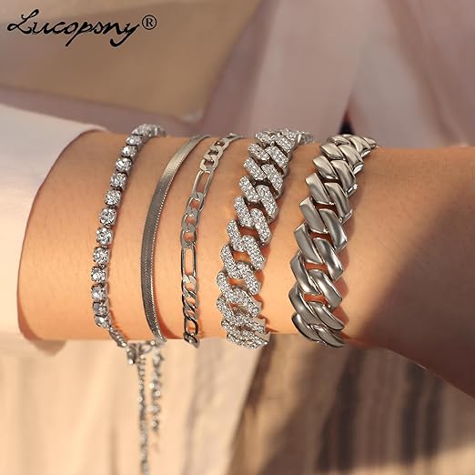 Lucopsny Gold Bracelets for Women, 14K Gold Plated Bracelets Sets for Women, 13mm/14mm Cuban Chain Bracelet Layered Link Chain Bracelets Pack Jewelry Full Diamond for Women Girls