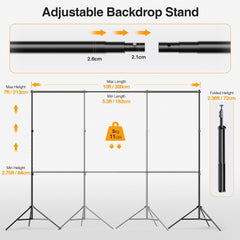 GLOSHOOTING Backdrop Stand, 10x7ft(WxH) Photo Background Stand Adjustable Support Kit with 2 Crossbars, 8 Backdrop Clamps, 2 Sandbags and Carrying Bag for Parties Photography Wedding Decoration