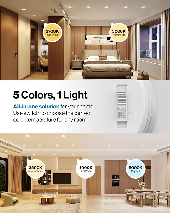 Sunco 4 Pack 5CCT Retrofit LED Recessed Lighting 6 Inch, 2700K/3000K/3500K/4000K/5000K Selectable, Dimmable Can Lights, Baffle Trim, 13W=75W, 965LM, Damp Rated - Energy Star