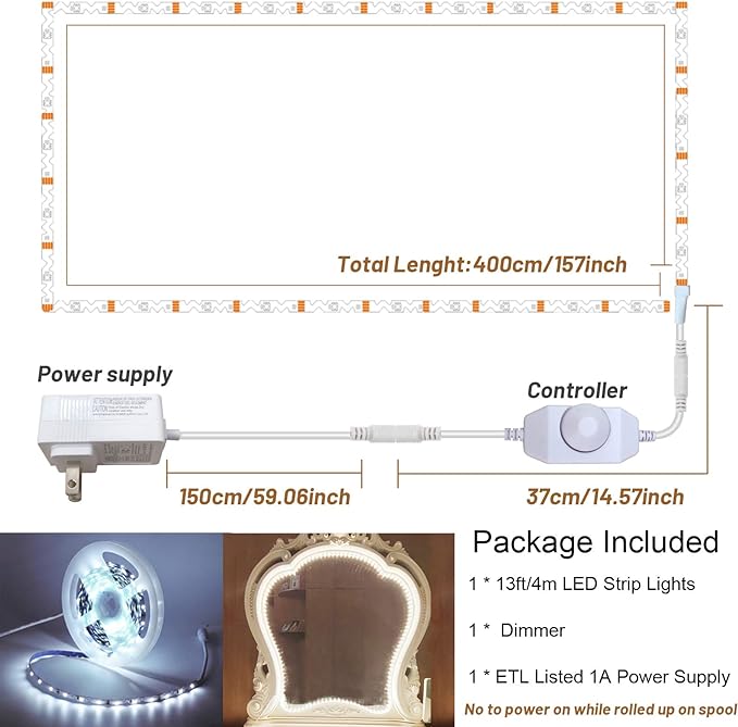 13ft/4M Led Vanity Mirror Lights Kit Bendable NO NEED TO CUT Vanity Make-up Mirror Cloakroom Adjustable Flexible Strip Light Table Set with Dimmer and Power Supply Mirror Not Included