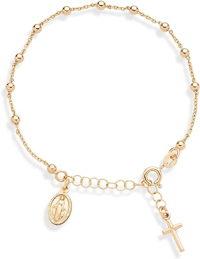 Miabella 18K Gold Over Sterling Silver Italian Rosary Cross Bead Charm Link Chain Bracelet for Women Teen Girls, Adjustable, 925 Made in Italy