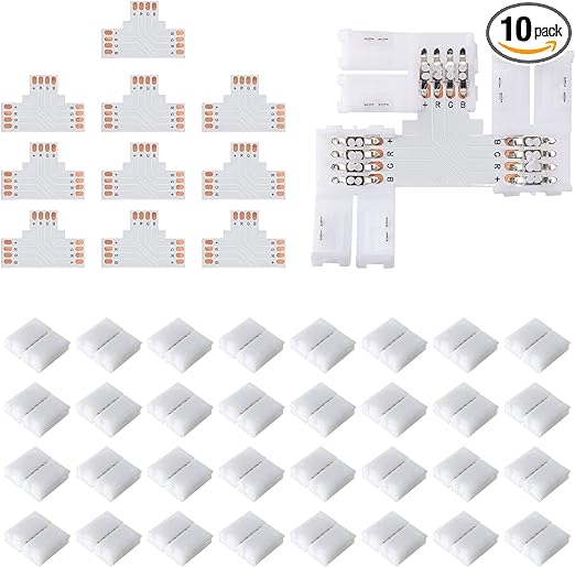 JACKYLED T Shape 4-Pin LED Connectors 10-Pack 10mm Wide Unwired Solderless Gapless Adapter Connectors Terminal Extension 12V 72W with 32pcs Clips for 5050 3528 SMD RGB LED Strip Lights