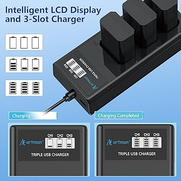 Artman 3-Pack NP-FW50 Battery and Upgraded 3-Slot LCD Charger Compatible with Sony ZV-E10, Alpha A6000 A6300 A6400 A6500 A5000 A5100 A7 A7II A7R A7RII A7S A7SII RX10 II III Camera