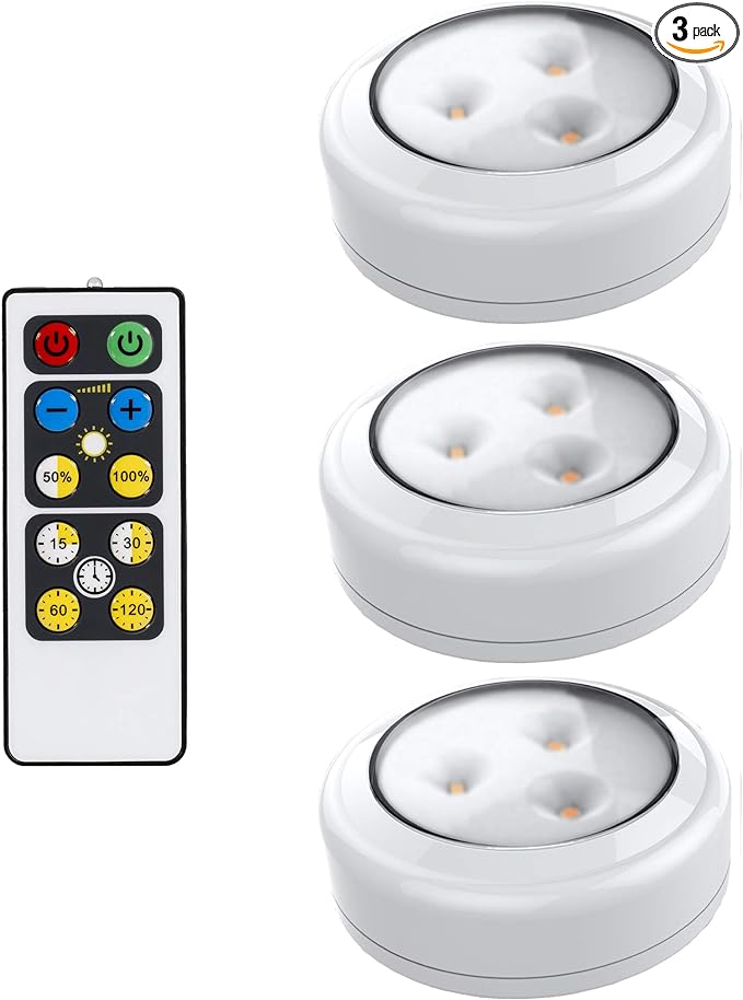 Brilliant Evolution Wireless LED Puck Lights with Remote Control, 3 Pack - Under Cabinet, Closet Light - Battery Powered - Under Counter Lighting - Stick On Lights - Under Counter Lights