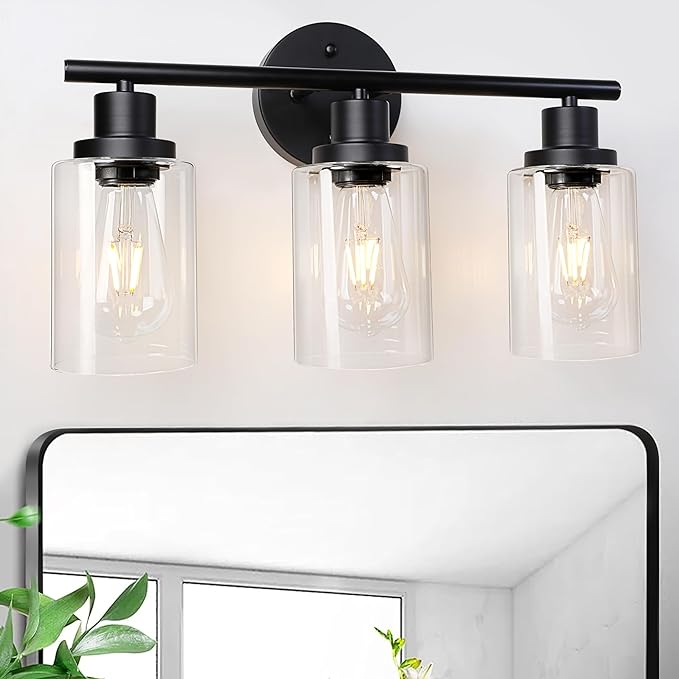 Unicozin 3 Light Vanity Lights, Black Wall Sconce Light with Clear Glass, Bathroom Light Fixtures, Wall Lights for Mirror, Living Room, Bedroom, Hallway, E26 Base (Bulbs Not Included)