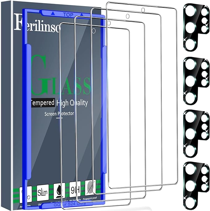 Ferilinso 4 Pack Screen Protector for Samsung Galaxy S24 Ultra with 4 Pack Tempered Glass Camera Lens Protector Phone Case Friendly Accessories Protector de Pantalla for Samsung S24 Ultra 6.8 INCH