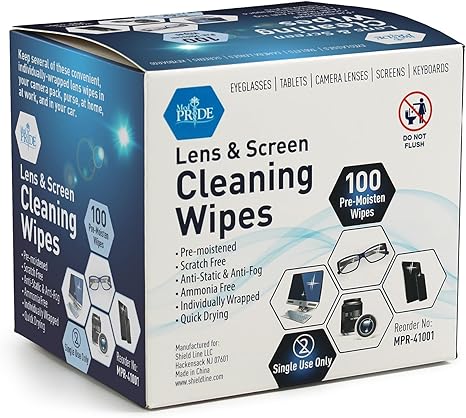 MED PRIDE Premoistened Lens Wipes | Anti-Static, Anti-Fog, Quick-Dry & Scratch-Free| 100 Cleaning Cloths for LED Touch Screen, iPhones, iPads, Computer Monitors, Eyeglasses, Camera Lenses, Laptop