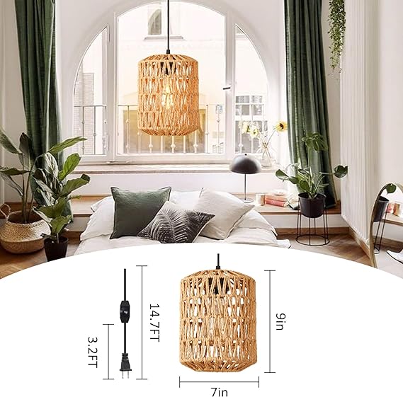 YXTH Plug in Pendant Light, Rattan Hanging Lights with Plug in Cord 15ft Dimmable Cord, Hand Woven Wicker Lampshade Hanging Lamp, Boho Plug in Hanging Ceiling Light Fixture for Farmhouse Bedroom