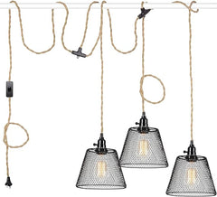 Plug In Pendant Lights with 22 Ft Cord,Farmhouse Rope Light(3 Black Lampshade),3-Light Hanging Lamp ,String Lights Indoor for Bedroom,Pendant Light Fixture for Living Room Kitchen Island and Bedroom