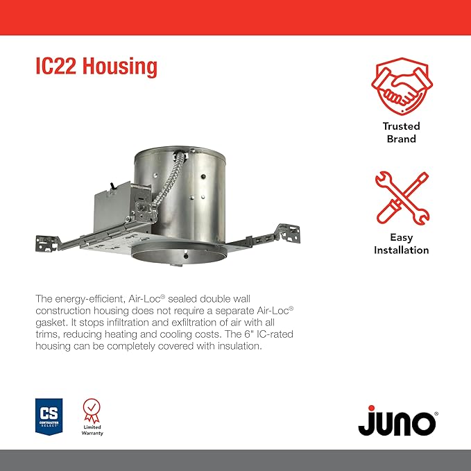 Juno IC22 W G 6" IC-Rated Universal Incandescent Housing with Push in Electrical Connectors and Air-Loc Gasket, 6 Inches, New Construction