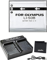 UltraPro LI-50B High-Capacity Replacement Battery w/Rapid Dual Charger for Select Olympus Cameras Bundle Includes: Deluxe Microfiber Cleaning Cloth