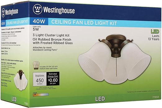 Westinghouse Lighting 7785000 Three-Light Led Cluster Ceiling Fan Light Kit, Oil Rubbed Bronze Finish with Frosted Ribbed Glass , White