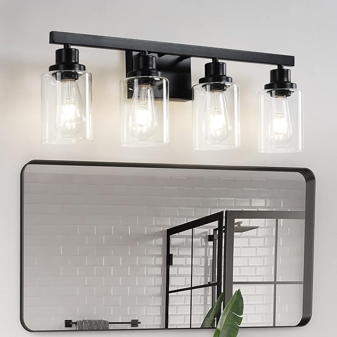 DIKAIDA Bathroom Vanity Light, 4-Light Modern Matte Black Wall Sconce Lighting with Clear Glass Shade, Black Wall Lights,Bath Vintage Wall Mounted Lamps for Mirror Bedroom Living Room