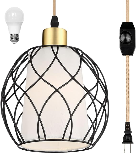 Cinkeda Plug in Pendant Light, Black Farmhouse Hanging Lights with Linen Shade, 15ft Golden Cotton Cord, Industrail Ceiling Lamp with Dimmable Switch, for Kitchen Island Living Room (Bulb Included)