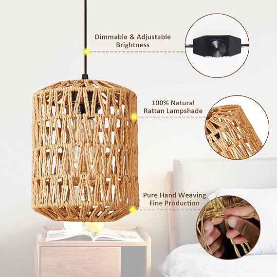 YXTH Plug in Pendant Light, Rattan Hanging Lights with Plug in Cord 15ft Dimmable Cord, Hand Woven Wicker Lampshade Hanging Lamp, Boho Plug in Hanging Ceiling Light Fixture for Farmhouse Bedroom