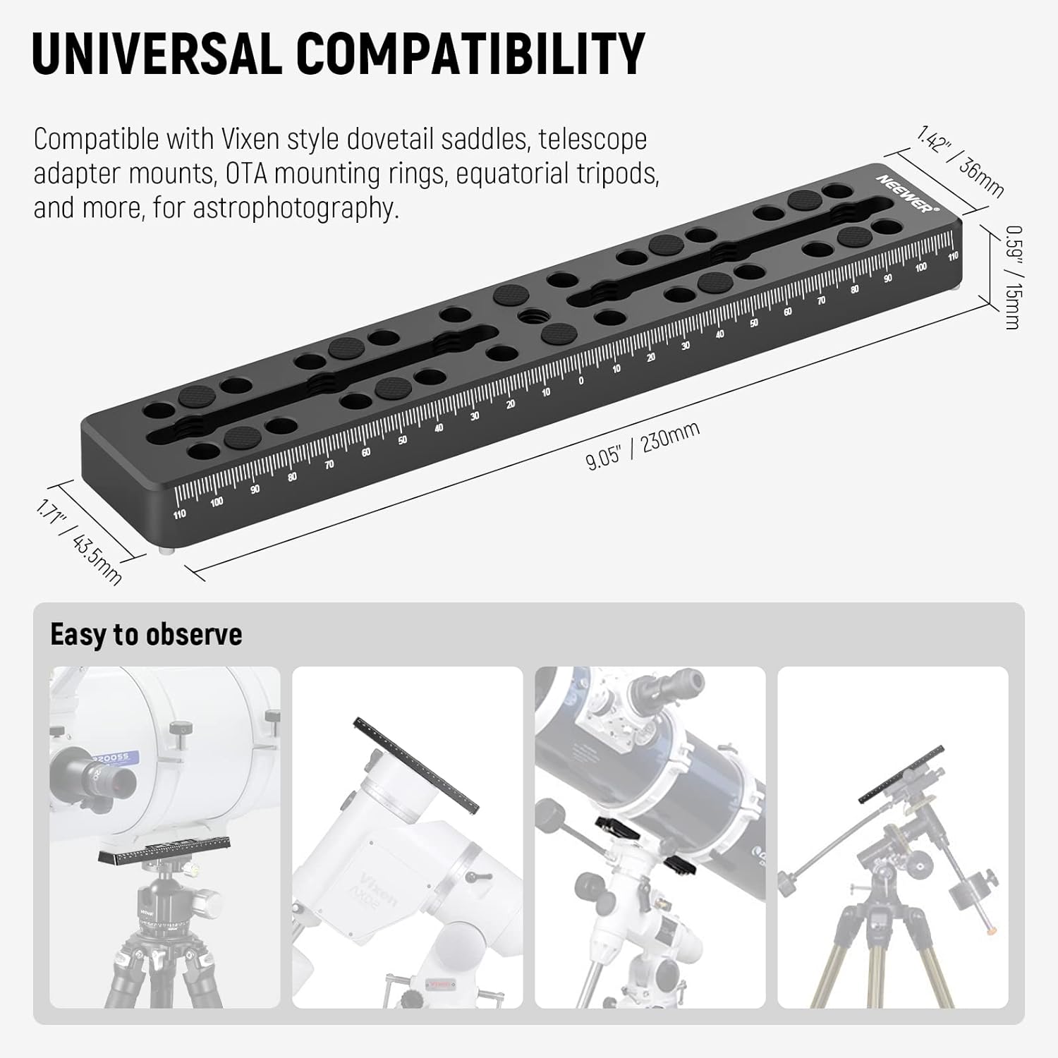 NEEWER 9"/230mm Rail Bar Vixen Style Dovetail Plate, Metal Mounting Plate Saddle with M6 1/4" 3/8" Camera Screw for Telescope Mount Adapter OTA Equatorial Tripod Sky Astrophotography, QR003