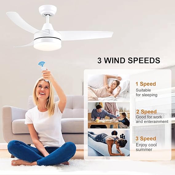 Wellspeed 42 Inch Ceiling Fans with Lights, White Ceiling Fan with Light Remote Control, 3 blade Modern Ceiling Fan with Light, Quiet Dimmable,For Living Room, Bedroom, Patios (Indoor, Outdoor)