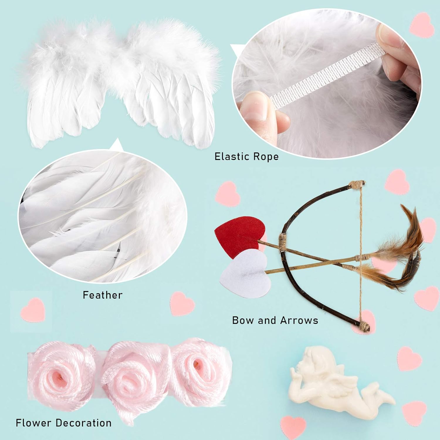 AMOR PRESENT Baby Angel Wings, 5PCS Newborn Photoshoot Clothes White Angel Feather Wing Baby Cupid Costume Set