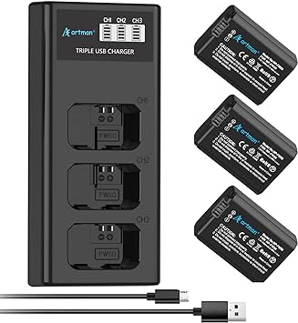 Artman 3-Pack NP-FW50 Battery and Upgraded 3-Slot LCD Charger Compatible with Sony ZV-E10, Alpha A6000 A6300 A6400 A6500 A5000 A5100 A7 A7II A7R A7RII A7S A7SII RX10 II III Camera