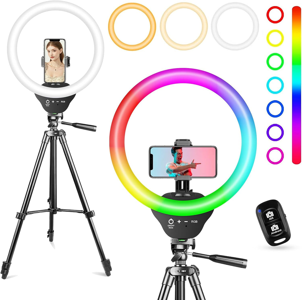 Sensyne 10'' RGB Ring Light with 50'' Extendable Tripod Stand, Circle Lights with Phone Holder for Live Stream/Makeup/YouTube Video/TikTok, Compatible with All Phones