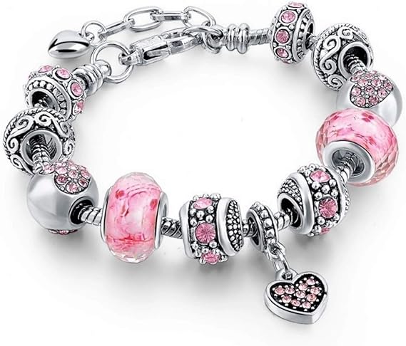 Capital Charms Pink Hearts Silver Plated Charm Bracelet Set, Jewelry Gifts with Beads, Charms, and Adjustable Snake Chain, Fits 7.5"+1.5"