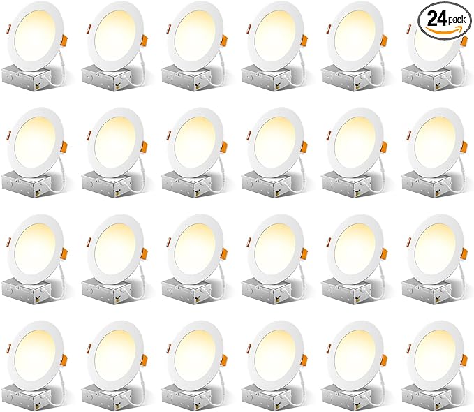 FREELICHT 24 Pack 6 Inch 5CCT Ultra-Thin LED Recessed Ceiling Light with Junction Box, 2700K/3000K/3500K/4000K/5000K Selectable, 1050LM Brightness, Dimmable Canless Wafer Downlight, 12WEqv110W-ETL&FCC