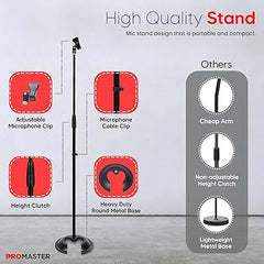 ProMaster ProSound Universal Mic Mount:Heavy Compact Base,Adjustable Height 33.46"-61",Steel Tube,Powder Coating Surface for Stability. Reliable Stand with Precise Balance,Ideal for Professional Use.