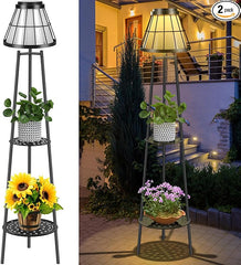 45.4'' Metal Outdoor Solar Floor Lamps 2 Pack, Waterproof Solar Lantern Lights with 2 Plant Stand, Solar Lights Plant Stand for Patio Deck Yard Pathway Porch Garden- Black