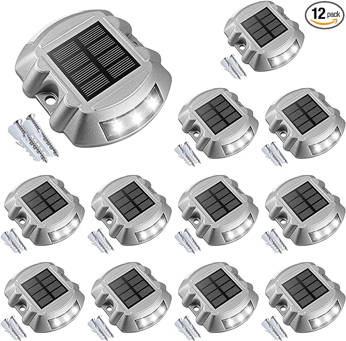 VOLISUN Solar Deck Lights Driveway Dock Lights, 12-Pack Led IP67 Waterproof Outdoor Warning Step Lights for Driveway Sidewalk Garden Pathway Yard(White)