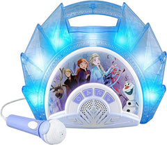 eKids Frozen Sing Along Boom Box Speaker with Microphone for Fans of Frozen Toys for Girls, Kids Karaoke Machine with Built in Music and Flashing Lights, Blue, 3.5mm Audio Jack