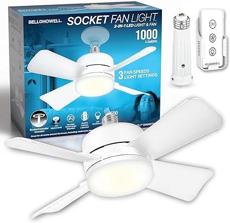 Socket Fan Light – Deluxe Model Warm Light Ceiling Fans with Lights, Ceiling Fan with Light Replacement for Light Bulb/Ceiling Fan for Bedroom, Kitchen, Living Room, Balcony, 1000 Lumens AS SEEN ON TV