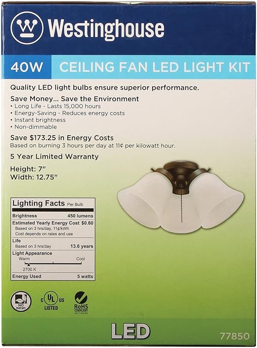 Westinghouse Lighting 7785000 Three-Light Led Cluster Ceiling Fan Light Kit, Oil Rubbed Bronze Finish with Frosted Ribbed Glass , White