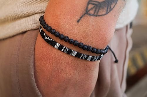 2x Boho Surfer Bracelet Set Women & Men - Handmade Summer Beach Bracelets - Adjustable & 100% Waterproof - Festival Accessories - Beaded & Braided (Lava-Beads & Black)