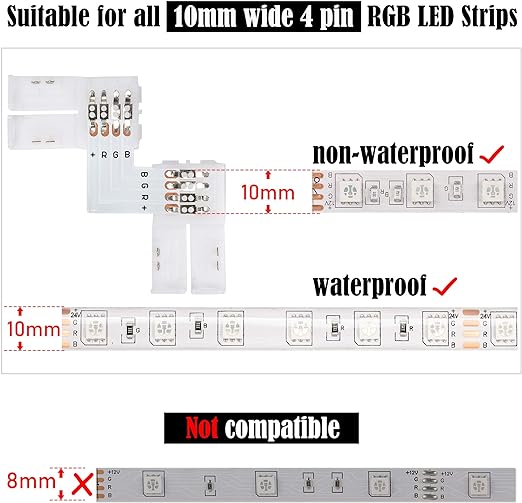 JACKYLED L Shape 4-Pin LED Connectors 10-Pack with 22Pcs Clips 10mm for Strip Lights