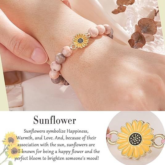 Seyaa Sunflower Natural Stone Bracelet, 4th - 16th Birthday Gifts for Teen/Girls with Quotes Card