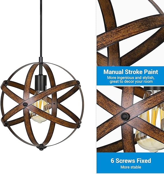 DEWENWILS Plug in Pendant Hanging Light, Wood Grain Industrial Style Metal Globe Vintage Ceiling Light Fixture with 15FT Cord and ON/Off Switch for Kitchen Island, Bedroom