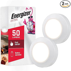 Energizer LED Puck Lights, 2 Pack, Battery Operated, Push Light, Wireless Lights, 50 Lumens, Tap Light, Stick On Lights, White, Perfect for Under Cabinet, Closets, Pantry, and More, 46009