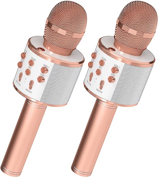 OVELLIC 2 Pack Karaoke Microphone for Kids, Wireless Bluetooth Karaoke Microphone for Singing, Portable Handheld Mic Speaker Machine, Gifts Toys for Girls Boys Adults All Age (Rose Gold)